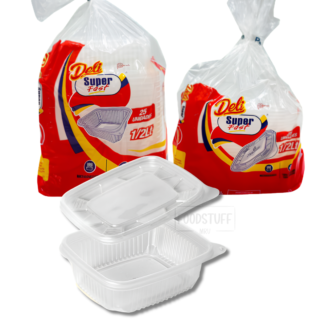 ENVASE DELI CUADRADO TRANSPARENTE CON TAPA X 1/2 LT X 25 UN